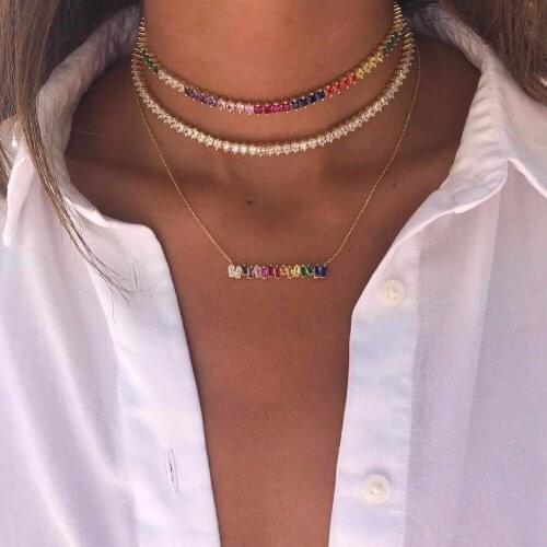 2021 high quality rainbow baguetee cz bar geometric Pendant & Necklaces colorful rainbow Gold filled women fashion choker gifts