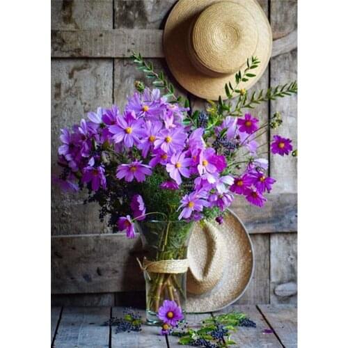 5D DIY diamond painting purple Flowers straw hat Full Drill Embroidery Cross Stitch Mosaic Craft Kits Home Decor Christmas Gift