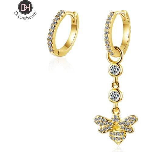 Dreamhonor European American 925 Sterling Silver Asymmetrical Zirconia Bee Earrings Sweet Animal Ear Jewelry
