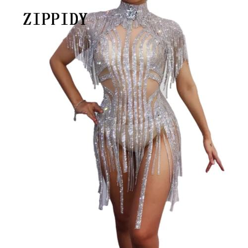 Glisten Silver Rhinestones Tassel Perspective Bodysuit Nightclub Women Dance Sexy Bodysuits Prom Party Show One-piece Stage Wear