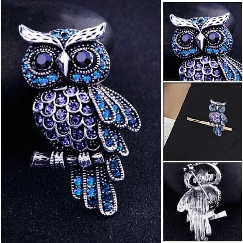 Vintage Owl Brooch Unisex Owl Korean Zinc Alloy Trendy Imitation Rhinestone Blue Brooch Pin Badge Christmas Gifts Accessories