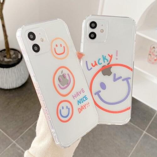 Cute Smiley Side Painted Phone Case For iPhone 12 11 Pro Max Mini XS X XR 7 8 Plus SE 2020 Transparent Silicone ShockProof Cover