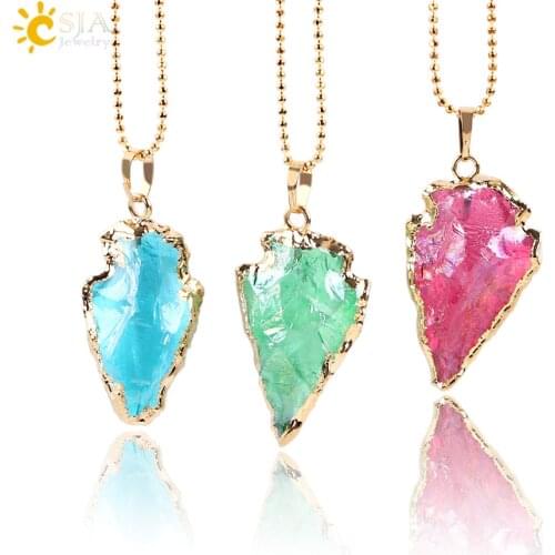 CSJA Raw Natural Arrowhead Crystal Quartz Pendant Red Blue Green Gem Stone Gold Color Necklaces Statement Healing Jewellery E634