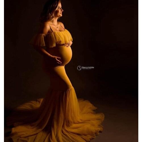 Elegant Yellow Ruffles Tulle Maternity Dresses Spaghetti Strapless Mermaid Long Women Dress Photography Robes Baby Shower Gowns