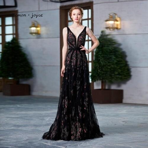 Lemon joyce Black Evening Dresses Long 2020 V-neck Sleeveless Beading Sequined Formal Evening Dress Party Gowns Plus Size
