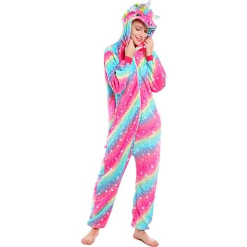 Unicorn Cute Onesie Adult Animal Stitch Pajamas Suit Warm Soft Totoro Sleepwear Onepiece Winter Jumpsuit Pijama Cosplay Costume