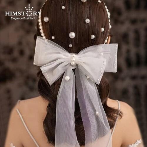 HIMSTORY Handmade Bowknot Brides Wedding Veil Pearls Beaded Hairbands Girls Dresses Accessory