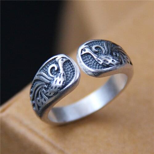 Thai silver old S990 fine silver double phoenix ring opening national wind restoring ancient ways ring female products