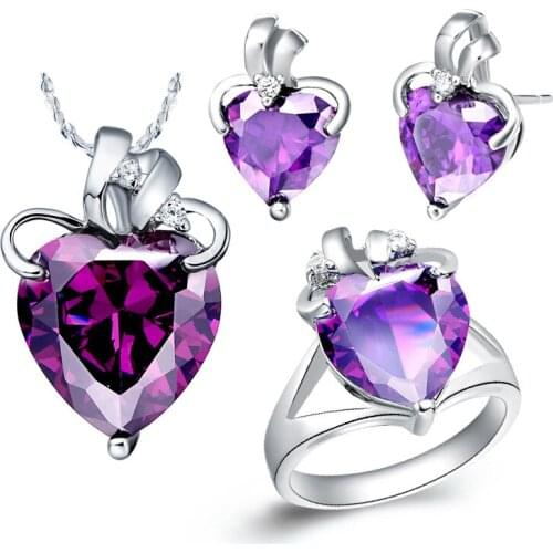Pendant necklace Earrings ring suit 925 sterling set made of purple stone semi precious stones set brinco