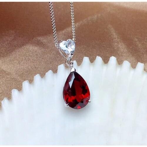 LeeChee Natural Garnet Pendant for Women Anniversary Gift 8*10MM Drop Wine Red Gemstone Necklace Real 925 Sterling Silver