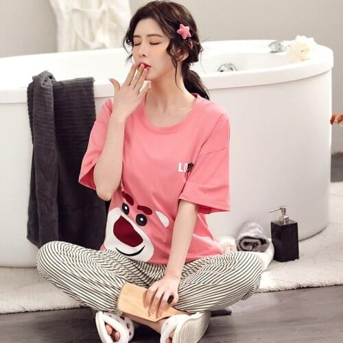 Large Size Korean Style Fashion Sweet Sleepwear 2 PCS Cartoon Printing Plaid Pajamas Set Lovely Girl Mujer Loose Loungewear 3XL