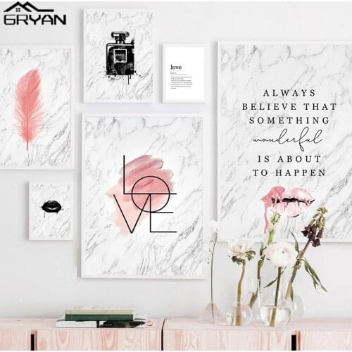 Marble Love Text Canvas Print Painting Motivational Life Letter Quote Poster Sexy Lips Feather Wall Art Picture Home Decoration