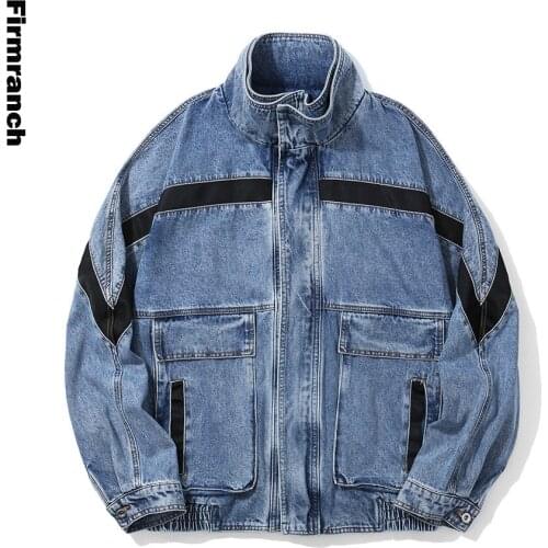 Firmranch Spring/Autumn Matching Colour Splice Denim Jacket Men Ins Popular Original Trendy Outwear Big Pocket Loose Overcoat