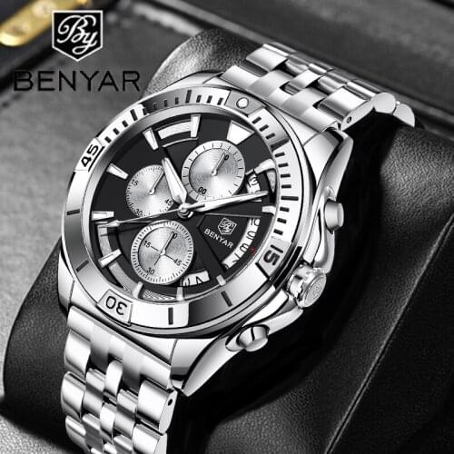 2021 New Mens Quartz Watch BENYAR Top Brand Luxury Watch Business Mens Fashion Stainless Steel Waterproof Calendar Wristwatch