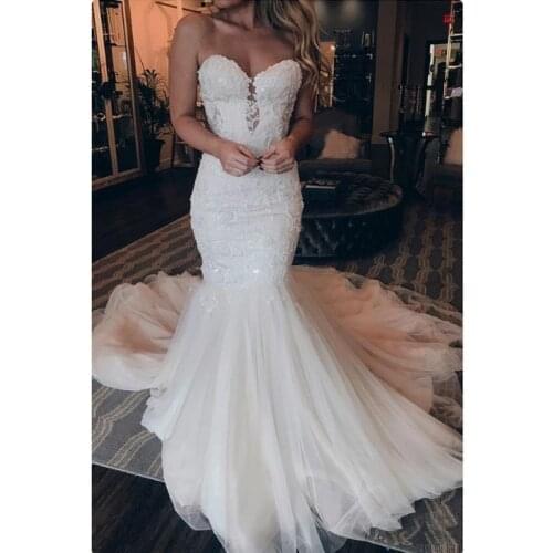 Charming Lace Mermaid Wedding Dresses Sweetheart Backless Illusion Court Train Chic Country Plus Size Bridal Gowns
