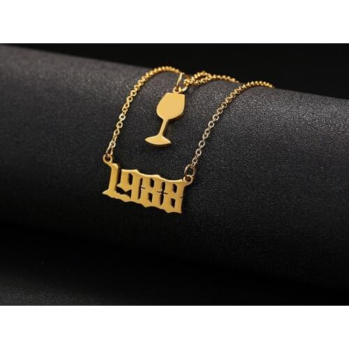 Custom Year Wine Glass Necklace for Women 2 Layers Pendant Personalized Anniversary 1988 1998 2008 2018Necklace Gift