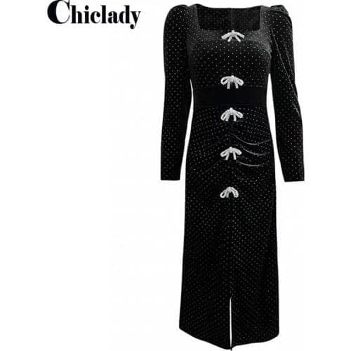 CHICLADY runway celebrity high quality autumn winter maxi dress for party dinner night black polka dot crystal bow buttons robe