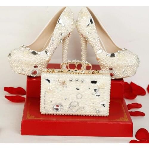 Luxury Pearl Bride Wedding Shoes With Bag Women Party Dress Shoes Crystal Platform High Heels Shiny Ladies Plus Size Thin Heels