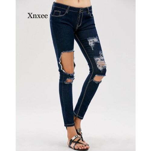 Boyfriend Hole Ripped Jeans Women Pants Cool Denim Vintage Straight Jeans For Girl Mid Waist Casual Female Dark Blue Vintage