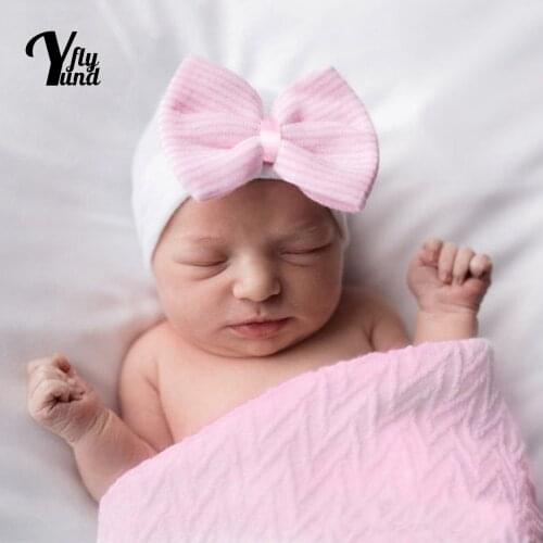 Yundfly Comfortable Warm Knitting Cotton Newborn Hats Cute Striped Bowknot Baby Cap Infant Headwear Hair Accessories Photo Props