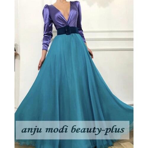 2021 Long Sleeves V Neck Evening Dresses Long Satin Tulle Formal Evening Party Ball Gowns obe De Soiree