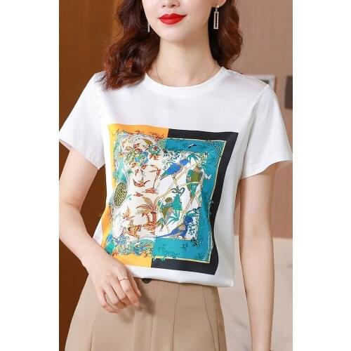 2021The New Fashion Satin printing T-shirt Tops Women Short Sleeve Casual O Neck Large size M-3XL white woman tshirts