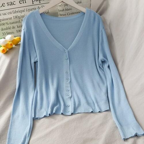 Summer Long Sleeve Candy Color Knitted Cardigans Women Basic Solid Short Thin Coat Korean Fashion Casual V-Neck Sunscreen Shirt
