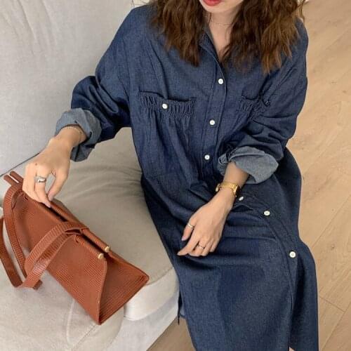 Korea Spring New Women Long Fashion Single-Breasted Long Sleeve Denim Shirt Dress with Pockets