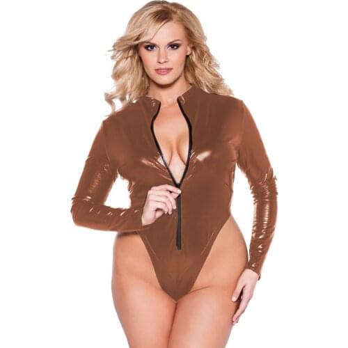 20 Colors Lady Novelty Long Sleeve Bodysuit Zipper Front High Cut Leotard Faux Leather Short Jumpsuit Sexy Club Dancing Costume