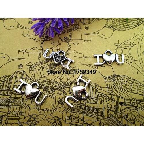40pcs I Heart U Charms I Love You charms Pendants Antiqued Silver Tone 17x9mm