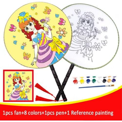 9.5inch Creative Painting Learning Summer DIY Fan Toys For Kids Cartoon Animal Color Doodle Silk fabric Round Fan Art Craft Toy