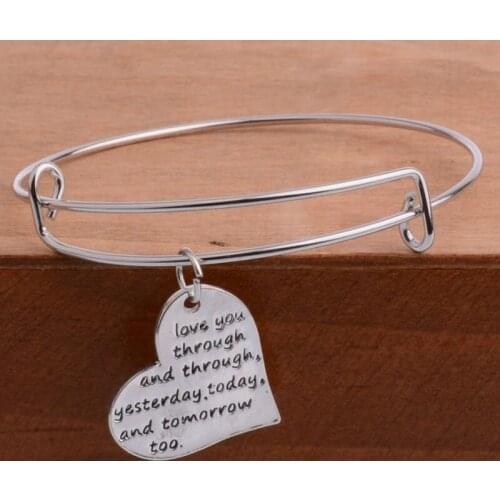 Bespmosp 12PCS/Lot Wholesale Love You Through And Through Yesterday Today And Tomorrow Too Lover Heart Charm Bracelet Bangles