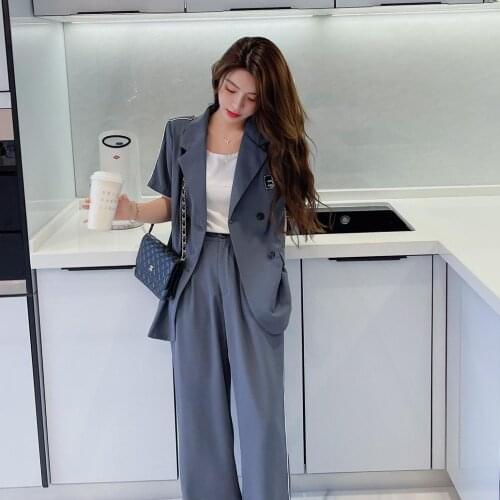 Summer Casual Black Womens Office Pantsuit 2021 Short Sleeve Blazer Loose High Waist Wide Leg Pants Two-Piece Set Female
