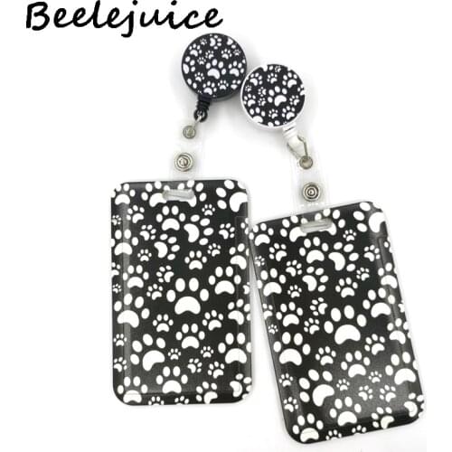 Black Dog Paws Cute Credit Card Cover Lanyard Bags Retractable Badge Reel Student Nurse Exhibition Name Clips ID Card Holder