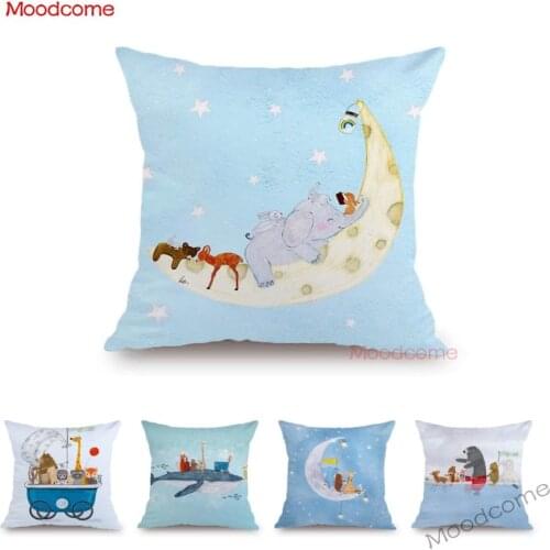 Kids Cartoon Art Cute Baby Animals Good Night Moon Soft Velvet Sofa Pillow Case Woodland Giraffe Bear Fantasy Cushion Cover Case