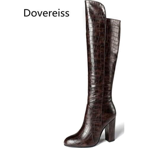 Dovereiss Fashion Womens Shoes Winter Concise New Brown Sexy Zipper Clear Heels Boots Block heels Knee high Boots 34-43