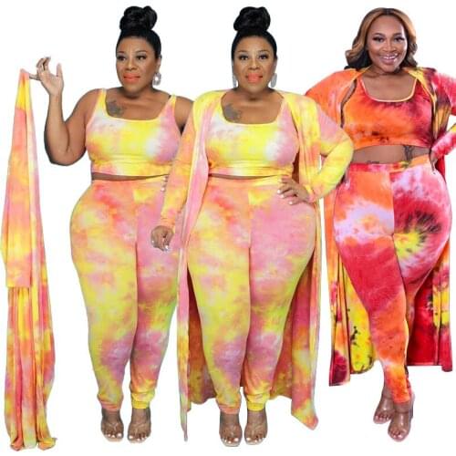 3 Piece Set Women Sets Outfits Suit Long Coat Tops and Pencil Pants Tie Dye Printed Night Clubwear Fall Clothes Plus Size 5XL