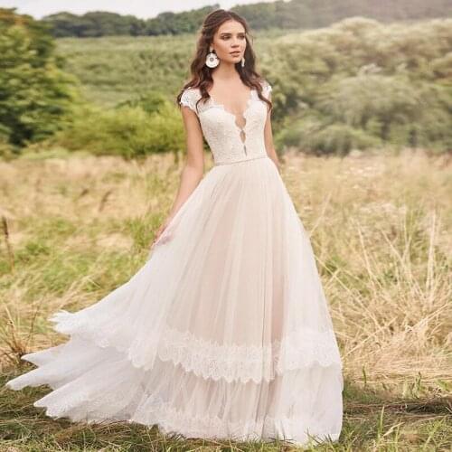 Boho Beach Garden Lace Bridal Gown Champagne A Line Cap Sleeves Sheer Back Wedding Dresses Vestido De Noiva