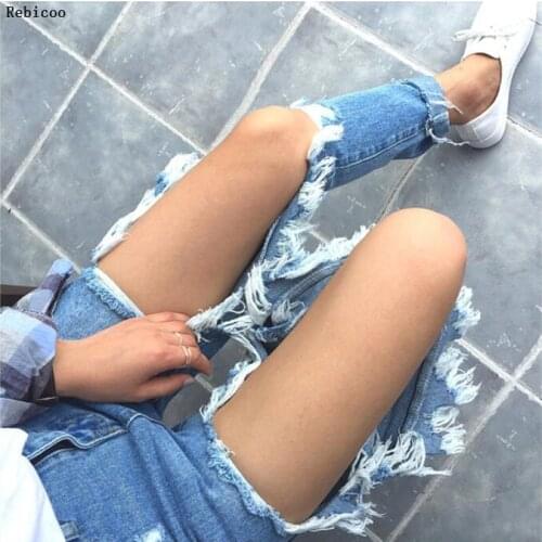 Summer Big Holes Jeans Women BF Style Ripped Jeans Cotton Denim Pants 6 colors