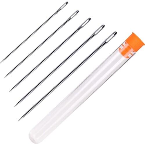 LMDZ 5Pcs Long Sewing Stainless Steel Needles, Large Eye Stitching Needles with Needle Storage Tube,Hand Sewing Needles for DIY