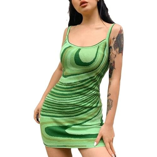 2021 Fashion Striped Green Slip Dress Y2K Sexy Women Sleeveless O Neck Slim Fit Mini Dress Holiday Summer Casual Bodycon Dress