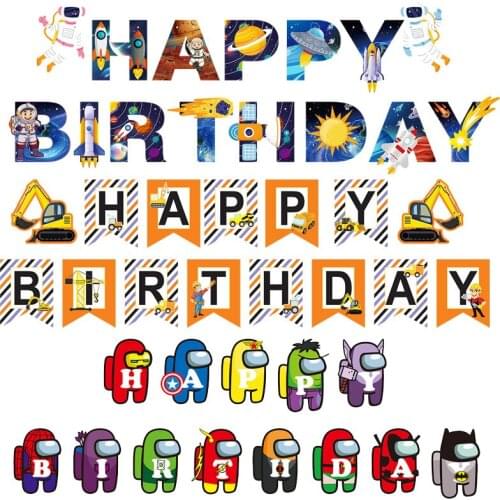 Cartoon happy birthday pull flag space theme birthday party banner layout decoration game theme birthday flags
