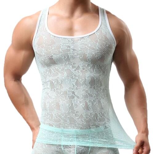 Mens Summer Style Transparent Lace Tank Tops Flowers Pattern Men Undershirt High Quality Mens Vest Singlets Sleeveless O-Neck