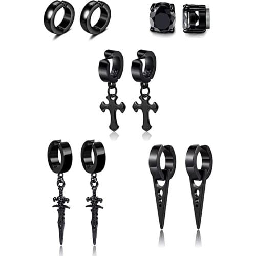 5 Pairs of Punk Hip Hop Stainless Steel Black Dagger Geometric Triangle Cross Sword Pendant Earring Set Men and Women Youth Gift