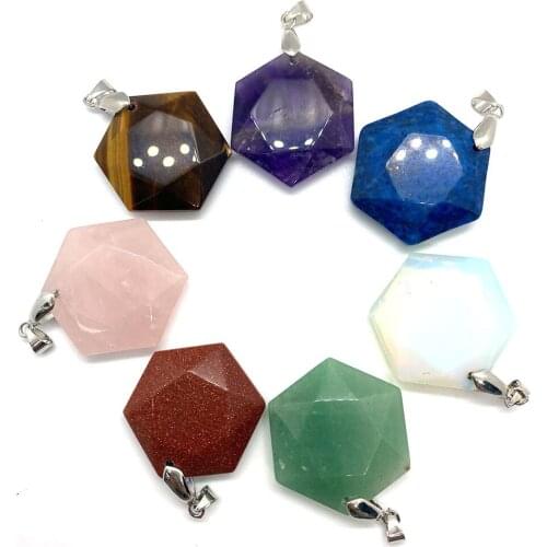Natural Stone Hexagonal Pendant Opal Tiger Eye Stone Amethyst Lapis Lazuli Suitable for DIY Handmade Necklace Pendant Jewelry