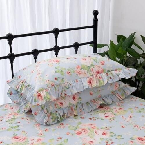 1Pc Pastoral Rose Printing Pillow Case Cotton Floral Elegant Ruffle Pillow Sham Living Room Bedroom Decorative Pillowcase Cover