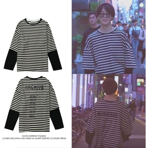 New kpop Bangtan Boys JIMIN Same Irregular Neckline Stripe Sweatershirt Pullover Hoodie Long Sleeve Shirt clothes