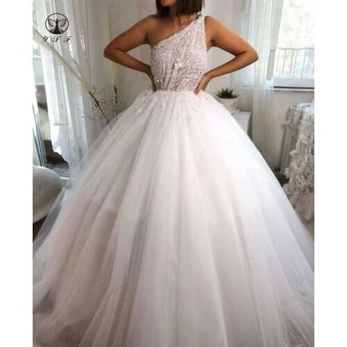 New Arrival Vestidos De Novias One Shoulder Beaded Heavily Sleeveless Ball Gown Puffy Wedding Dresses
