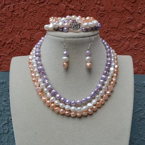 New Arriver Pearl Jewelry AA 8-9MM white pink purple Color Natural Freshwater Pearl Necklace Bracelet Wholesale Free Shipping