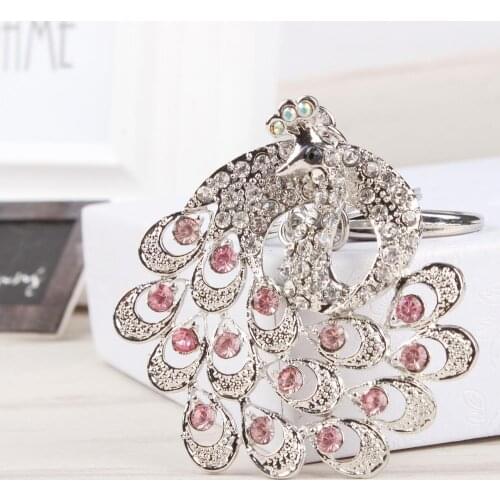 Lovely Peacock Crown Silver Metal New Pink Crystal Charm Pendant Purse Bag Car Key Ring Chain Wedding Party Jewelry Fashion Gift